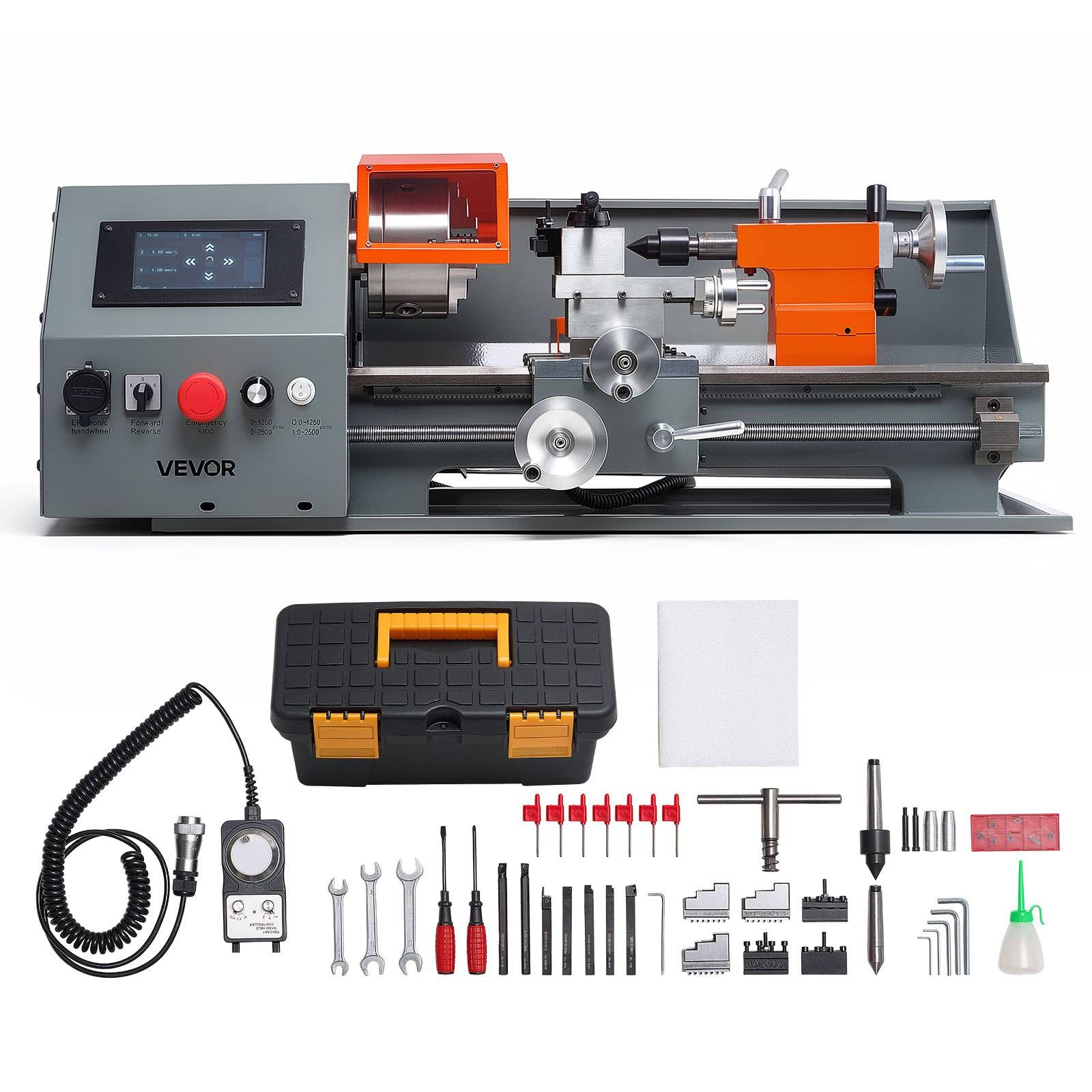Puuteekraaniga lauapealne CNC-metallitreipink automaatseks treimiseks, 220 × 400 mm, 1100 W, kiirvahetatav tööriistahoidik, elektrooniline juhtkruvi ja reguleeritav kiirus kuni 2500 p/min
