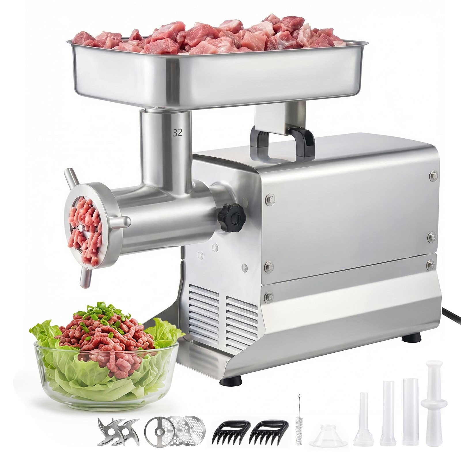 Tööstuslik hakklihamasin, mahutavusega 9,5 kg/min, 3 vorstitäite toruga