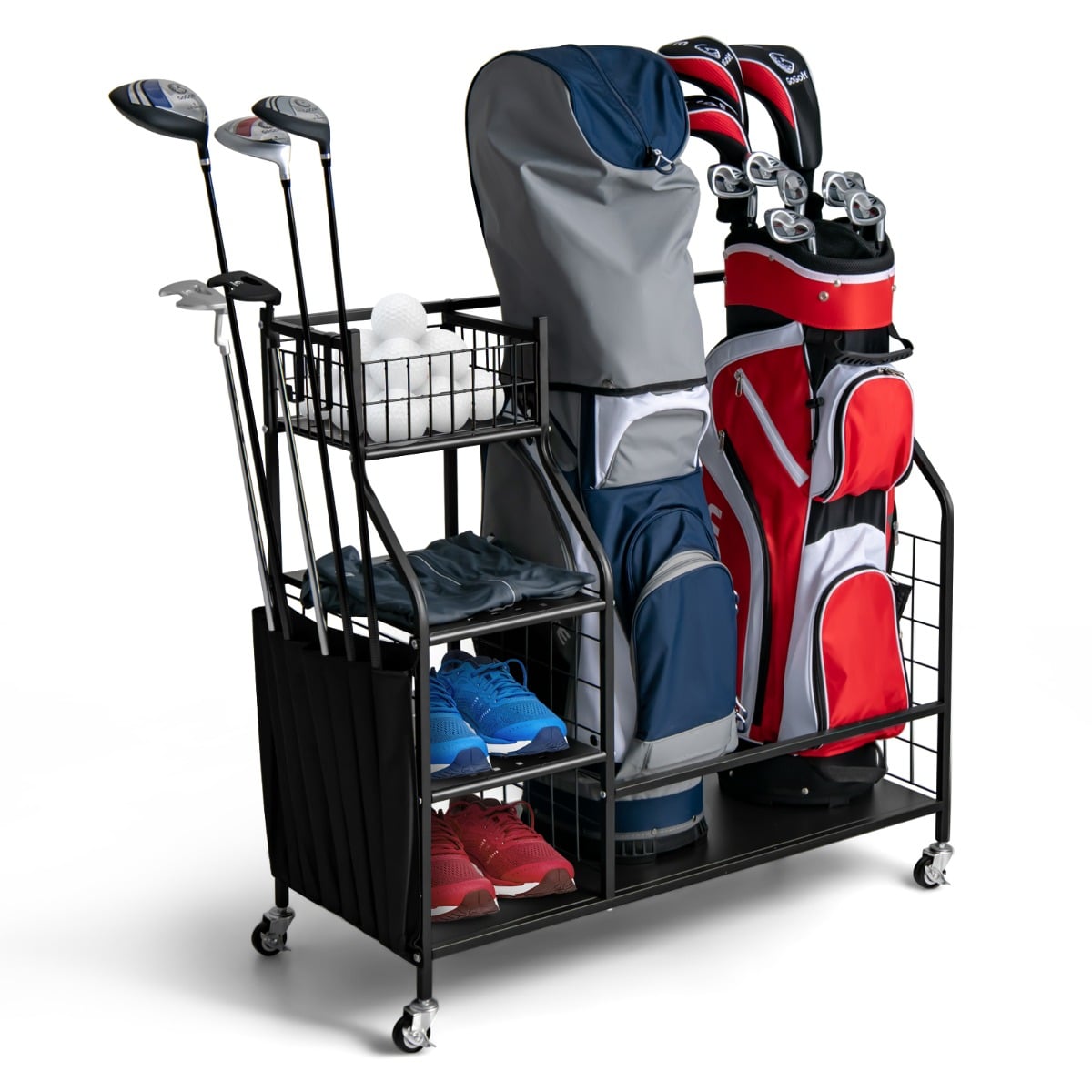 Golfivarustuse hoiustamise käru ja golfikottide riiul koos kepihoidjatega garaaži