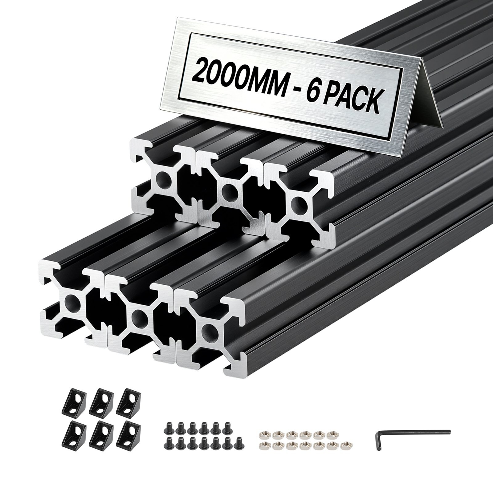 6PCS 2020 alumiiniumist ekstrusioonprofiil, 2 m 2000 mm, must
