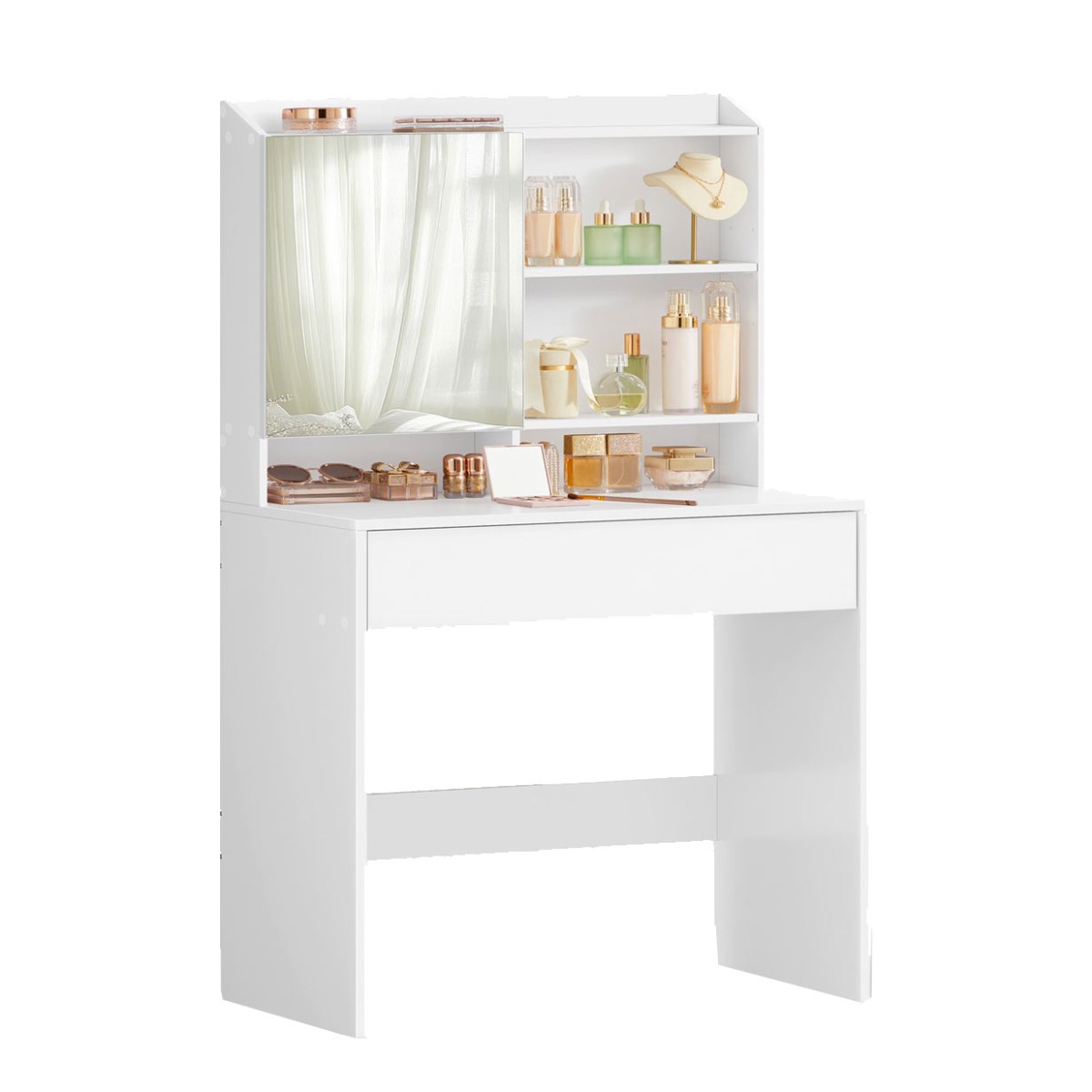 Tualettlaud peegli ja ühe sahtliga, reguleeritavate riiulitega, moodne, pilvevalge