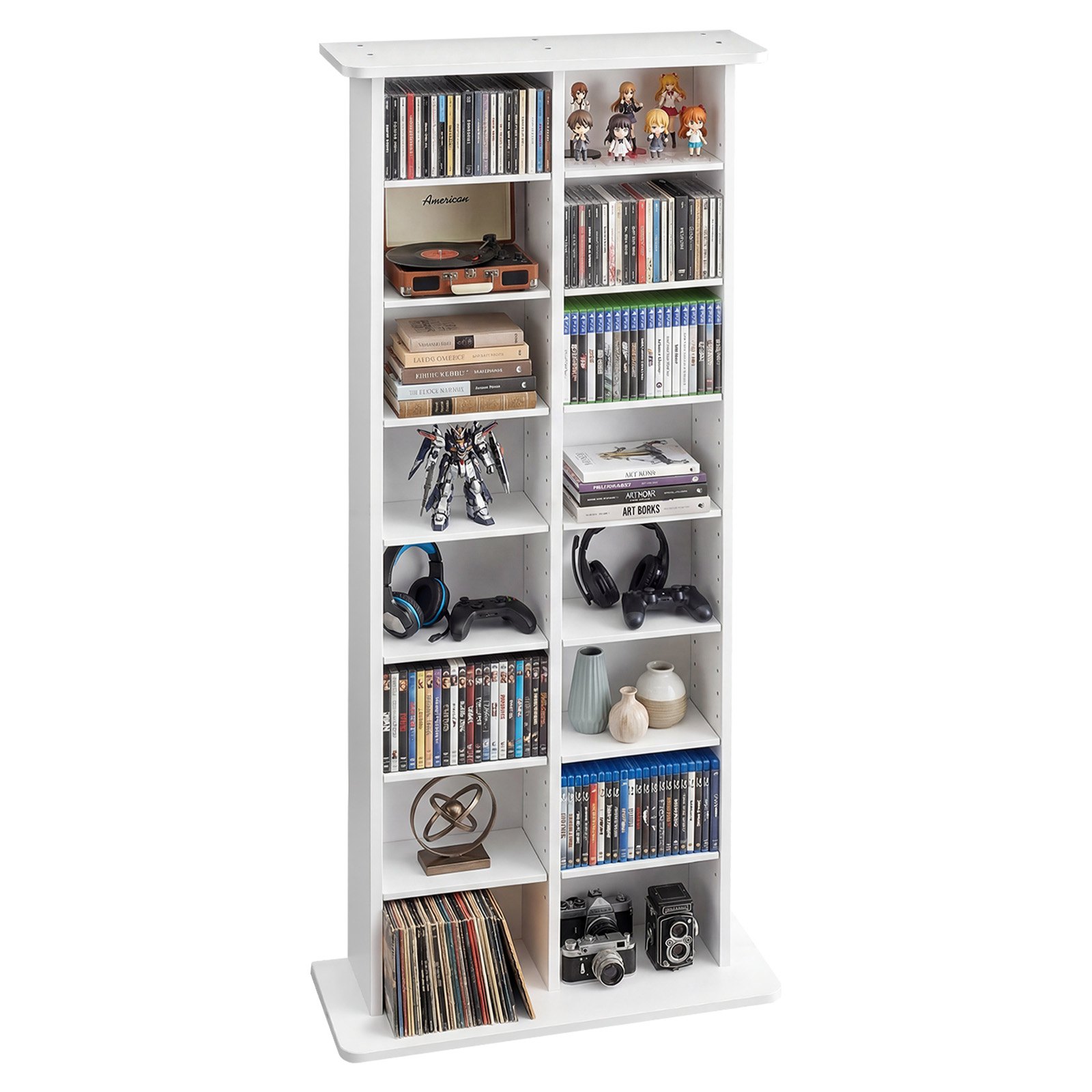Meediumikapp, 8-tasandiline DVD-riiuliga korraldaja, 559 x 222 x 1295 mm Multimeedia hoiustamise korraldaja CD-dele, DVD-dele, raamatutele ja mängudele, CD-riiul elutuppa, kodukontorisse, salvestusruumi, valge