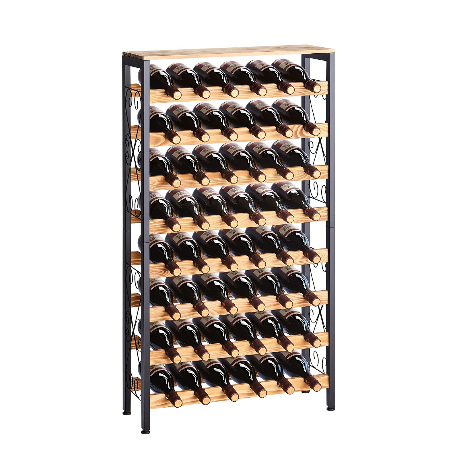 Veiniriiul 48 pudelile (66 x 23,6 x 119 cm), 8-tasandiline raudriiul puidust lauaplaadiga, kööki, keldrisse või baari