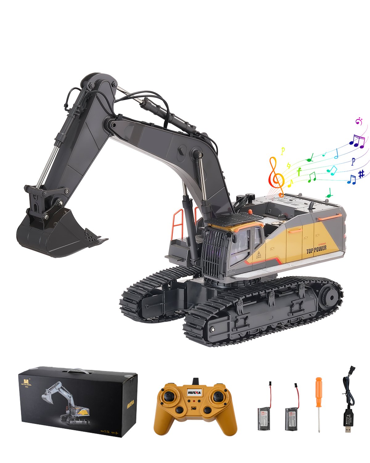Kaugjuhitav ekskavaator (1:14), 22-kanaliga ehitusmasin metallist kopa, tulede ja helidega, lastele