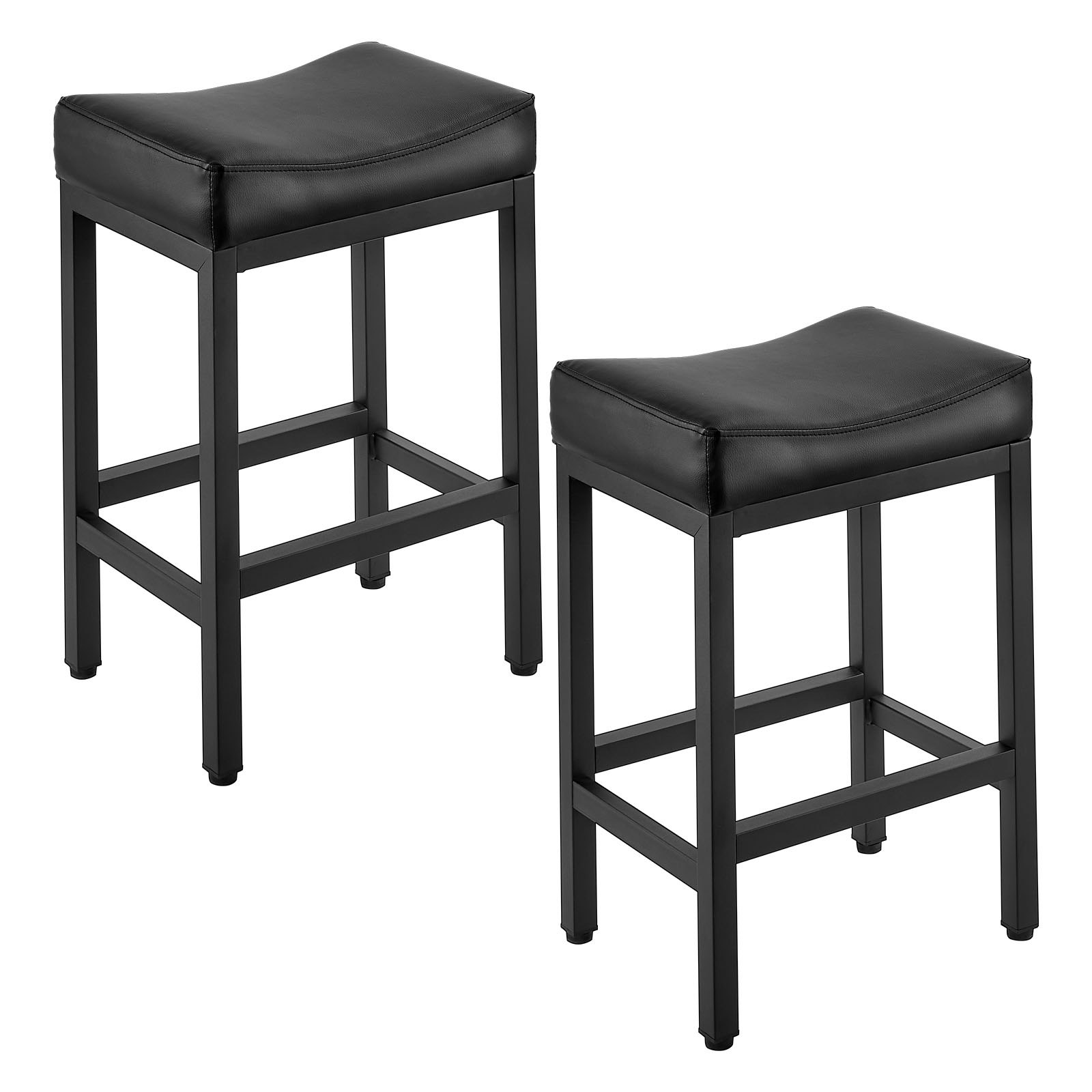 Baaritoolid (2 tk komplekt, kõrgus 62 cm), sadul-istmega PU-nahast toolid metalljalgadega, seljatoeta, must