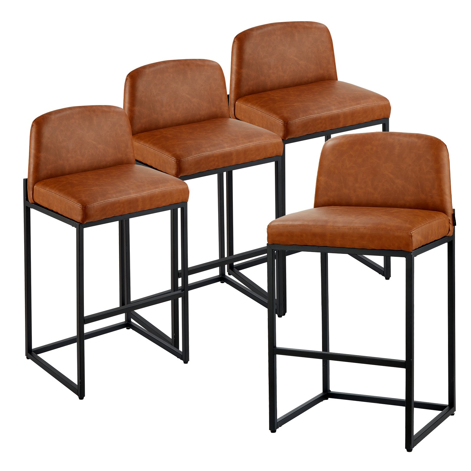Baaritoolid (4 tk komplekt, kõrgus 68 cm), modernsed PU-nahast toolid seljatoe ja metalljalgadega, pruun