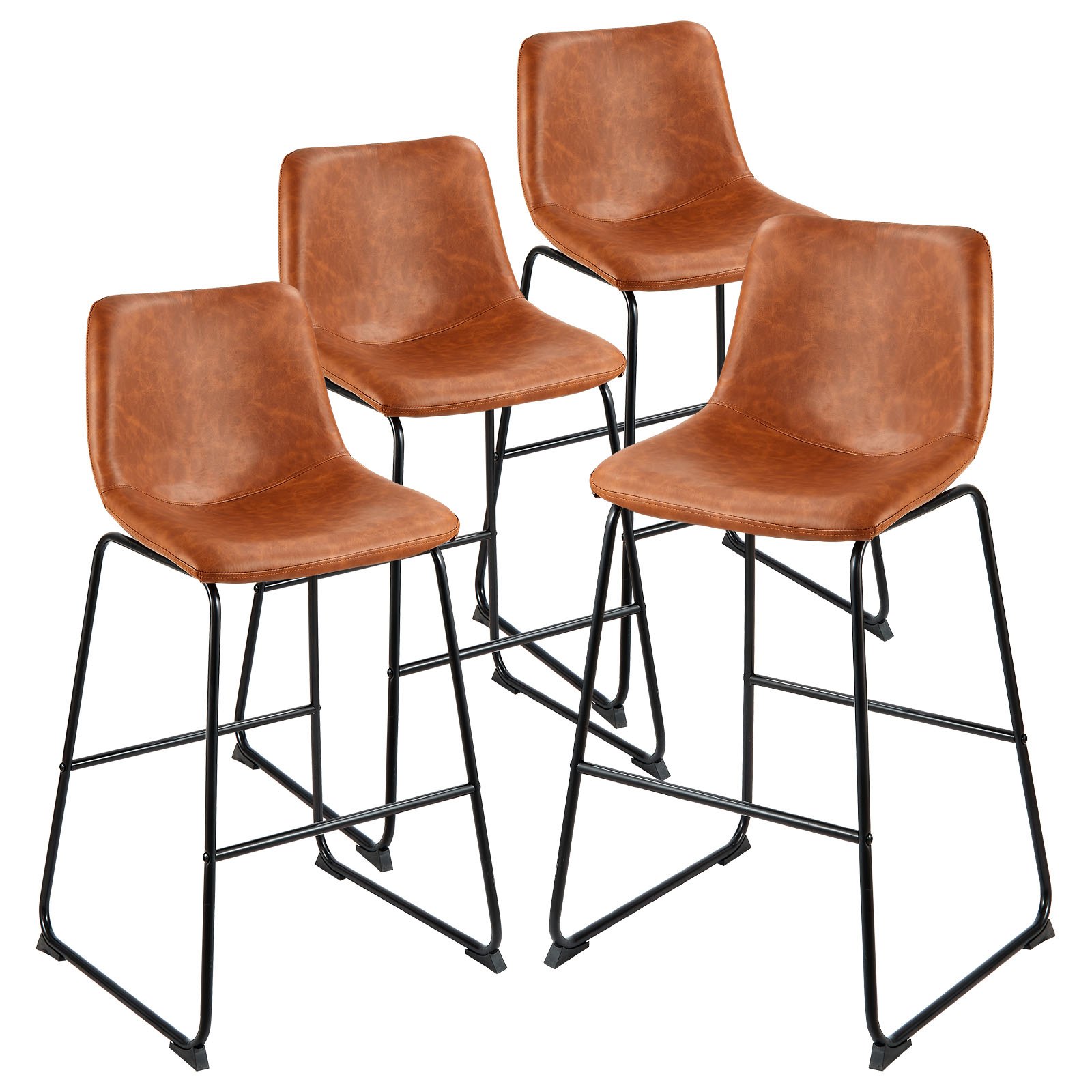 Baaritoolid (4 tk komplekt, kõrgus 65 cm), modernsed PU-nahast toolid seljatoe ja metalljalgadega, pruun