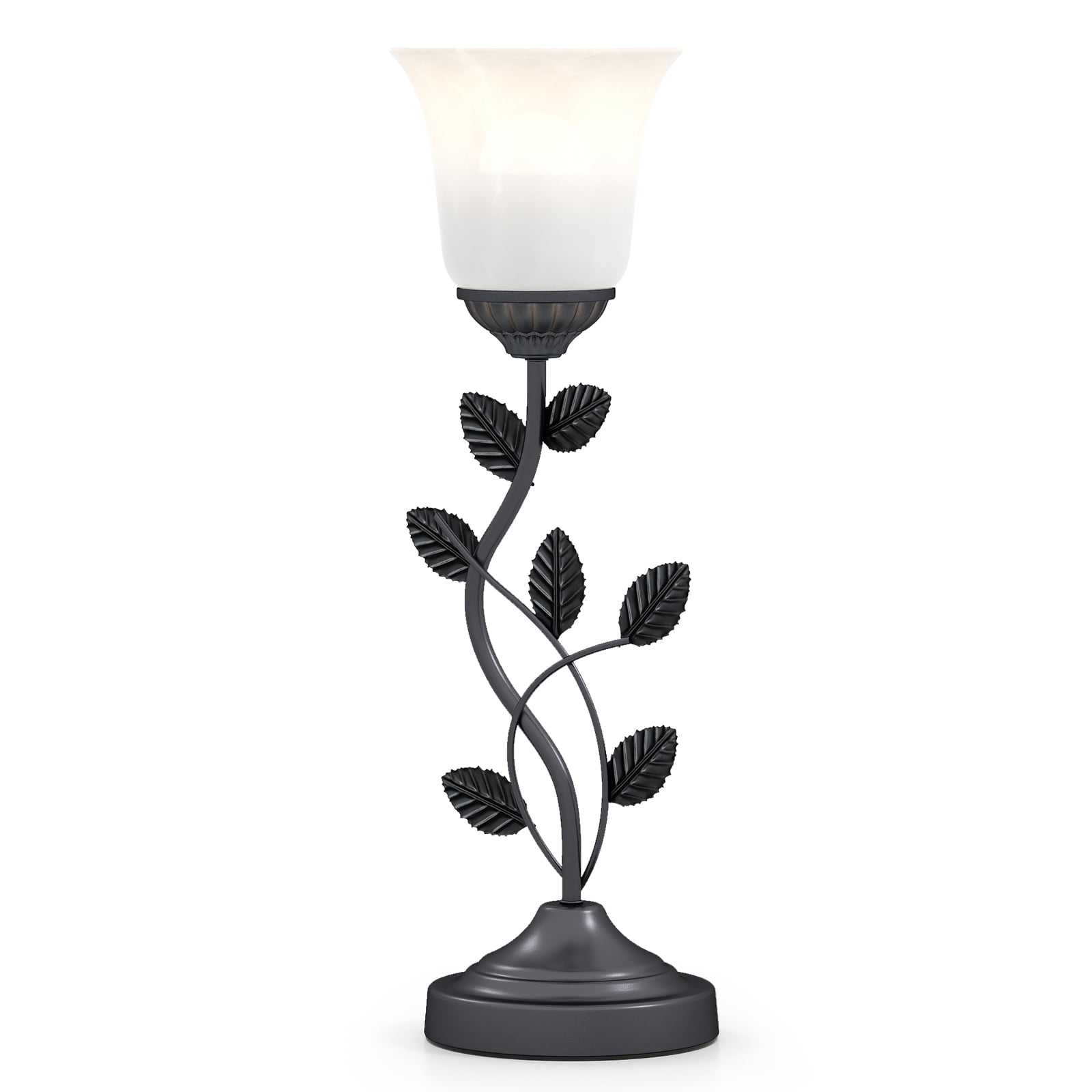 Kuningliku tulbi-kujulise klaaskupli ja metallist lehekaunistustega vintage-stiilis laualamp ning retro-nachttischlamp, roheline