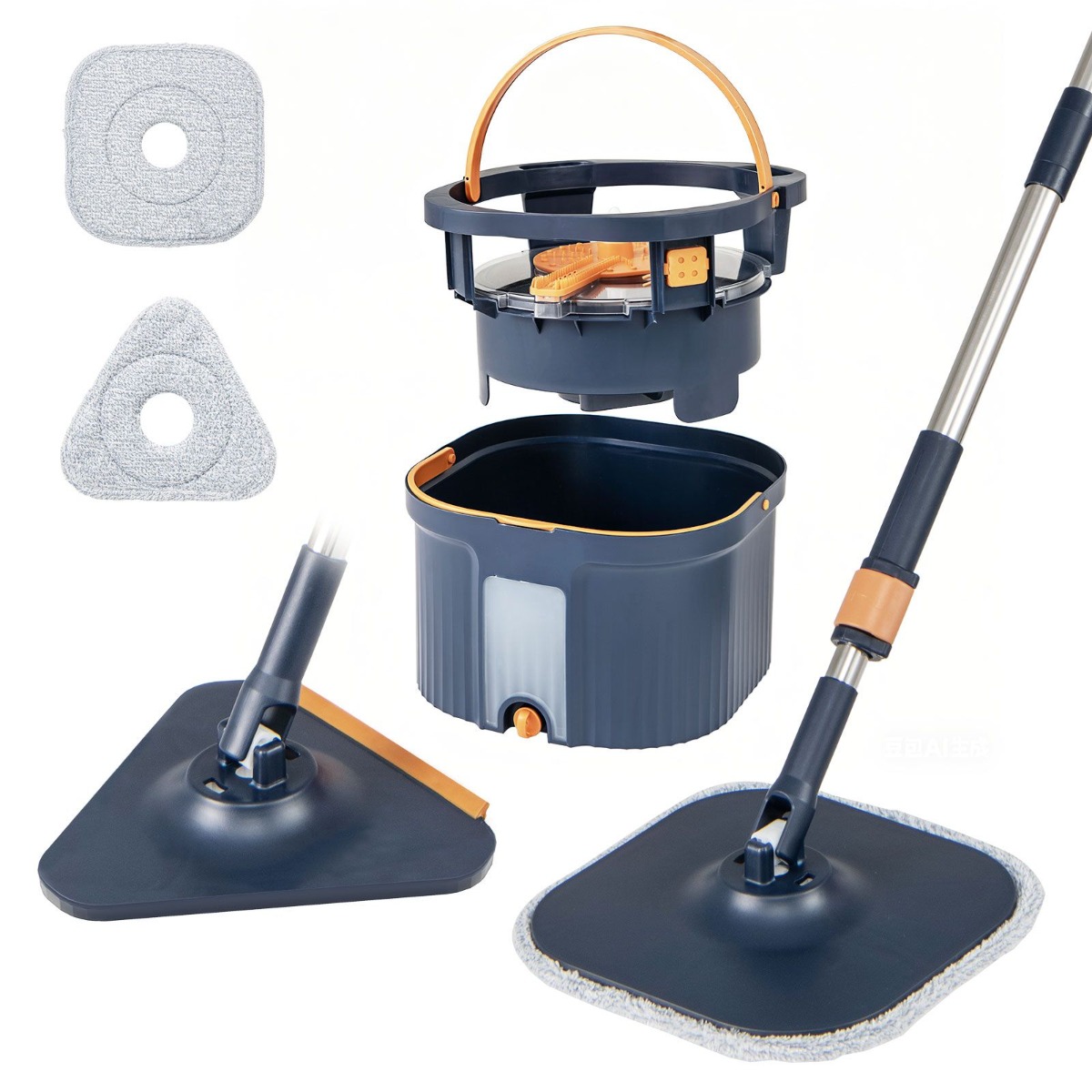 Pöörlev mopp ja ämber, puhta ja musta vee eraldamine, ruudukujulised ja kolmnurksed mopipead, iseväänduvad, sinised