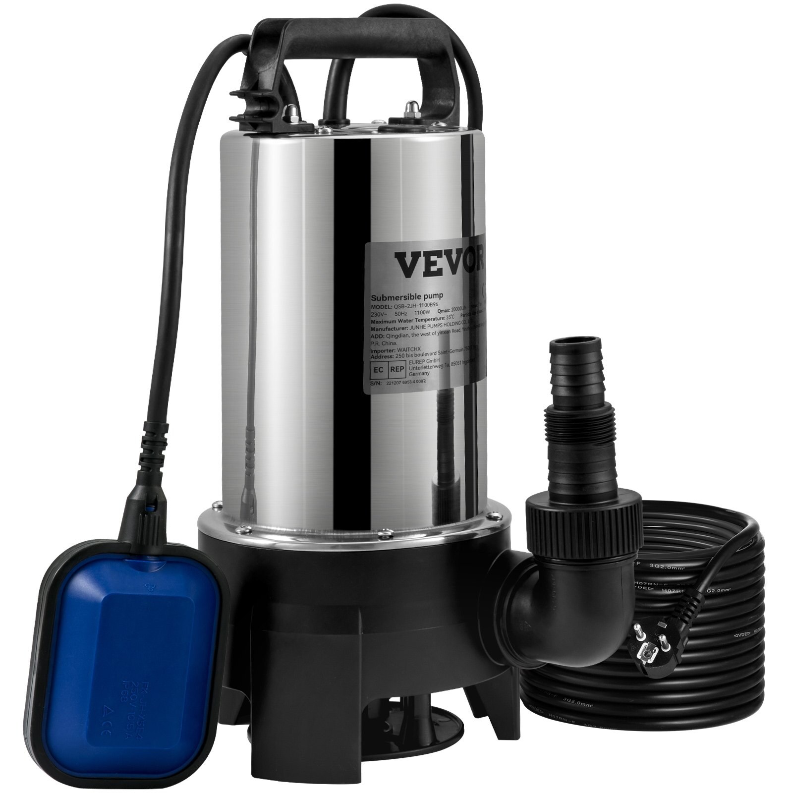 Sukeldatav veepump, 1100W 20000L/H, 10 m juhtme ja automaatse ujuklülitiga
