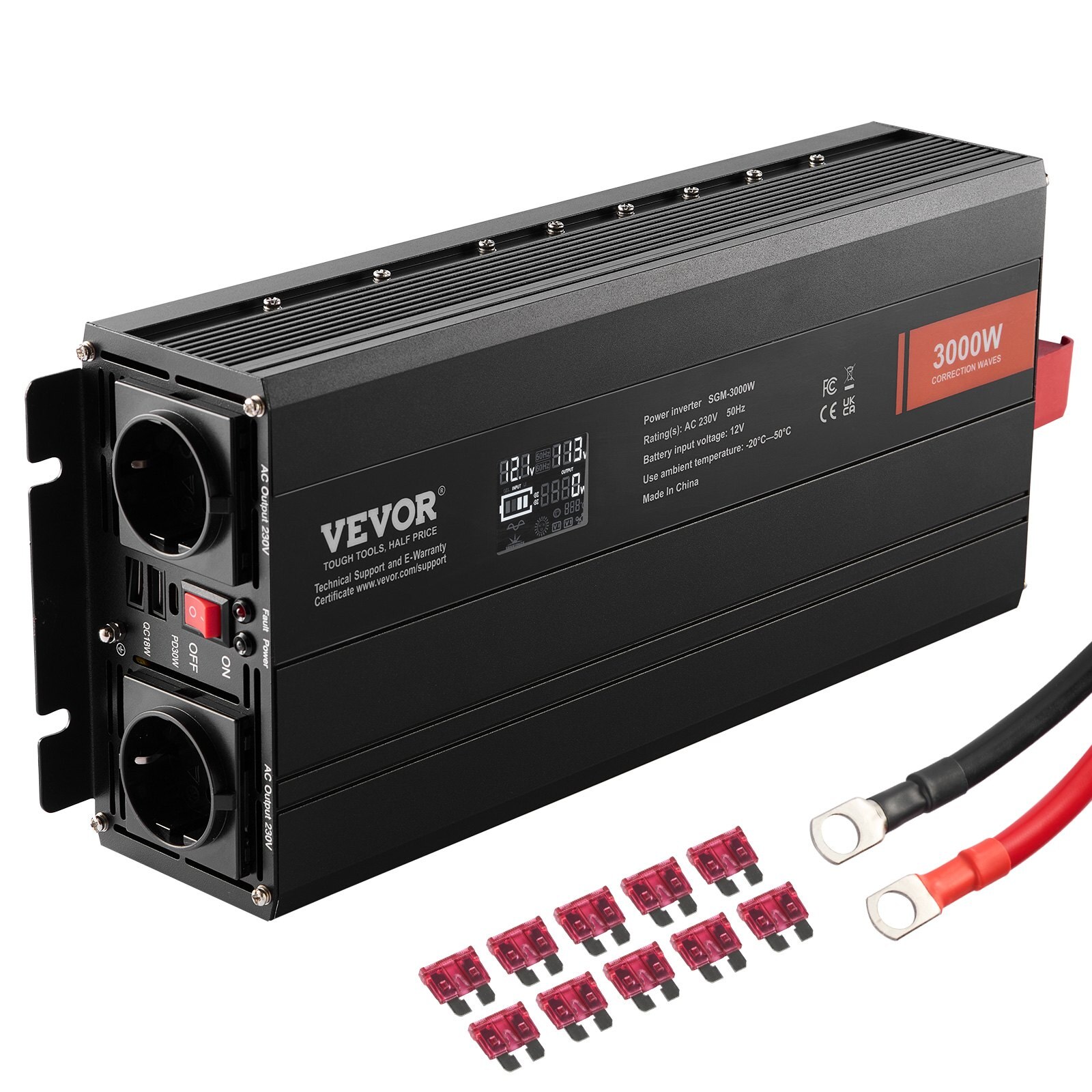 Modifitseeritud siinuslaine inverter, 3000 W, 2 USB-porti, 1 C-tüüpi port ja 10 varukaitset