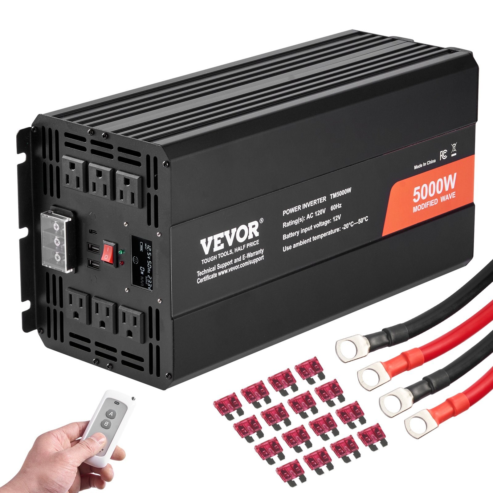 Modifitseeritud siinuslaine inverter, 5000W, 2 USB-porti, 1 Type-C-port