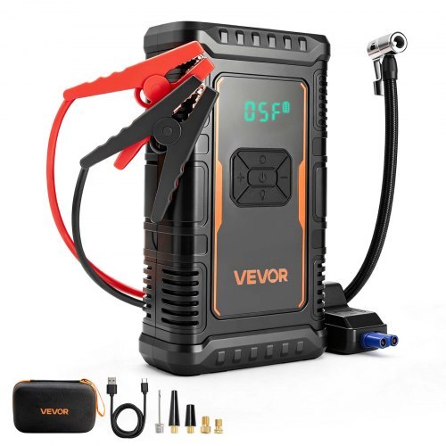 Kaasaskantav auto käivitusabi õhukompressoriga, tippvool 1600 A, kuni 6,0 l bensiini- ja 3,0 l diiselmootorile, 150 PSI automaatselt peatuv rehvipump, akupank, 12 V akulaadija ja LED-taskulamp
