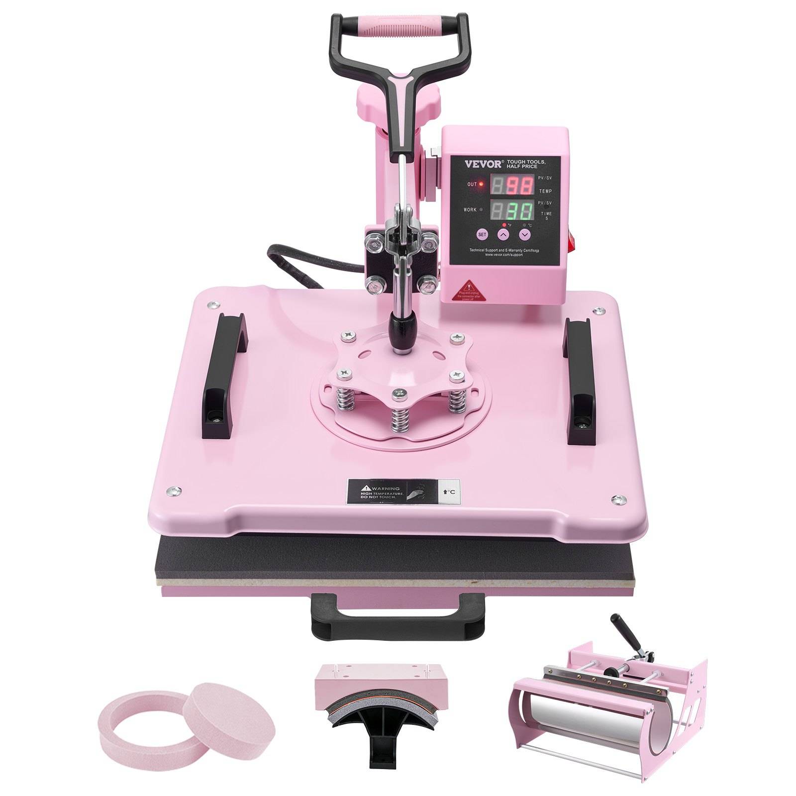 Digitaalselt täpselt juhitav 5-ühes termopress, 300 × 380 mm, 30-untsise joogitopsi press ja 360° küljele pööramine, särkidele, kruusidele, mütsidele ja taldrikutele, roosa