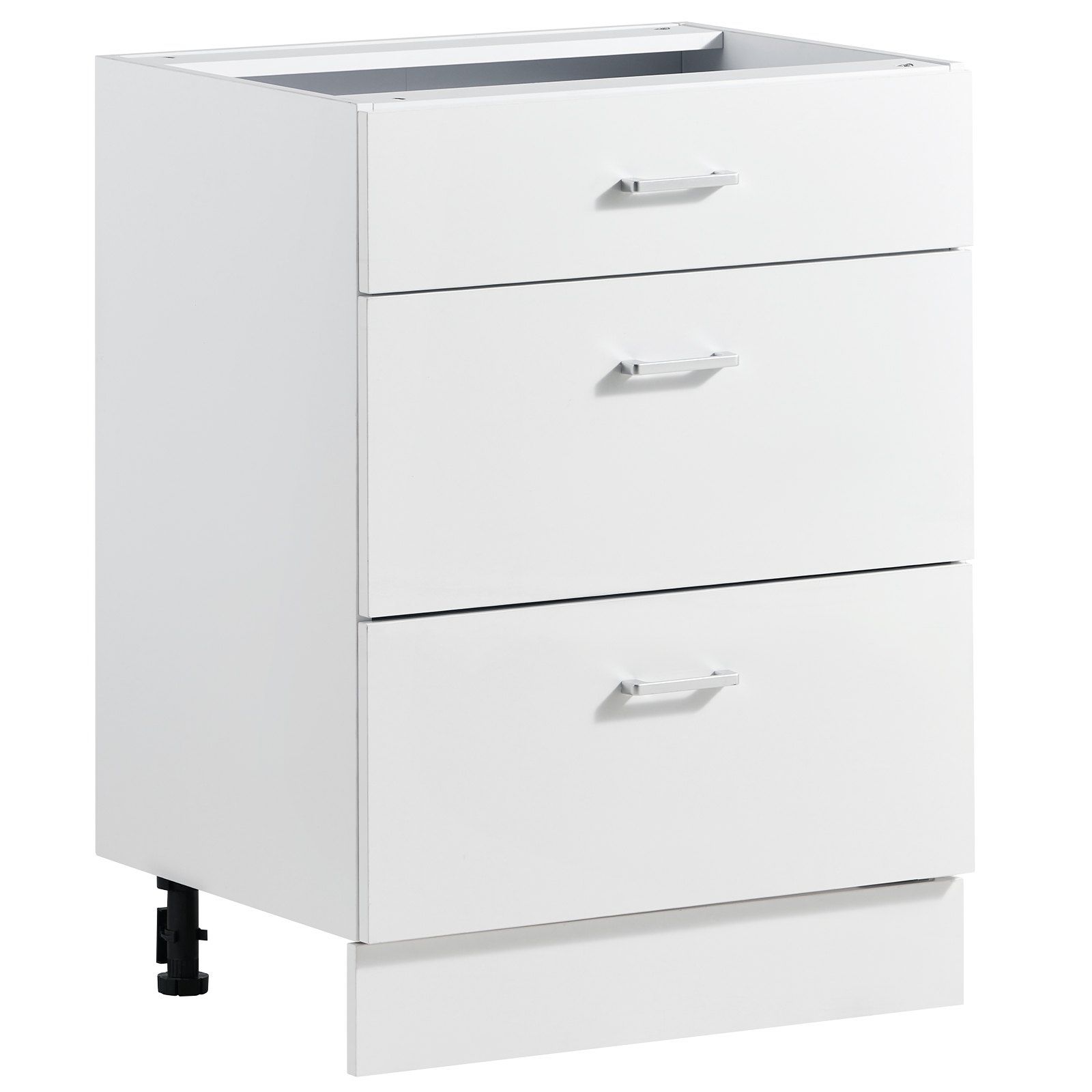 Kokkupanekuks valmis Shaker-stiilis aluskapp, valge, laius 60 cm, 600 × 475 × 815 mm (L × S × K), 3 sahtlit ja sujuvad sahtlisiinid, koju, kontorisse ja pesuruumi