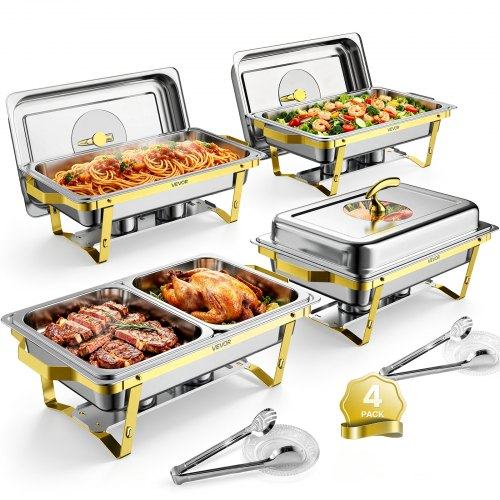 Ristkülikukujulised roostevabast terasest buffet-soojendusnõud, 4 tk, 8,5 l, 2 täis- ja 4 poolmõõdus gastronõud, klaaskaas, kütusehoidik, tangid ja klaasalus, bankettidele, pidudele ja pulmadeks