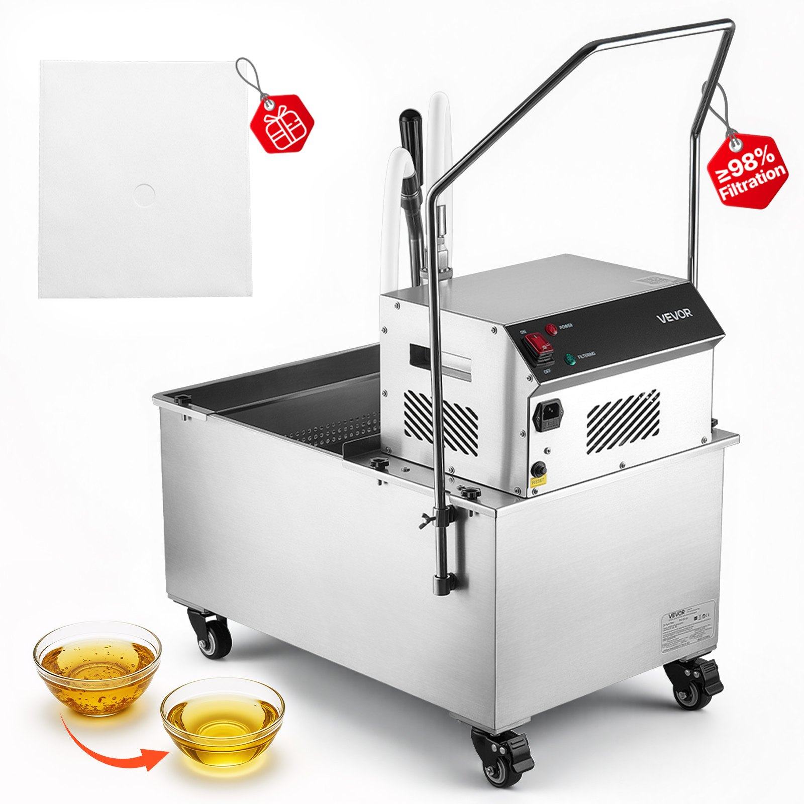 Professionaalne ratastel roostevabast terasest fritüüriõli filtreerimismasin, 55 l / 14,5 gallonit, 250 W, filtreerimiskiirus 12 l/min, restorani, kööki ja burgerikohta