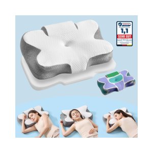 Ergonoomiline kaelapadi mäluvahust, pilvevalge-tuvihall