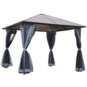 Polükarbonaadist katusega paviljon, sääsevõrguga kardinad, alumiiniumraam, tumehall, 3 x 3 m