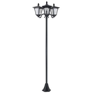 Päikeseenergial töötav aialatern 3 tulega, roostevabast terasest laternapost, LED 120 luumenit, 51,5x47x182,5cm, IP44 kaitseklassiga aia- ja rõduvalgusti, must