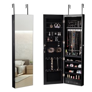 Ehtekapp peegli ja LED-valgustiga, mitmeotstarbeline hoiuruum, uksekonksudega, 120 x 36 x 10 cm, must