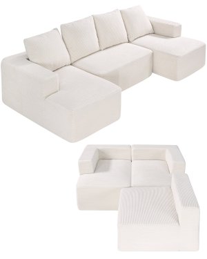 Modular Sectional Sofa, U Shaped Modular Sofa with Chaise, Cloud Sectional Couch with High Rebound Sponge and Density, Upholstered Corduroy Couch with Cushion for Living Room, Bedroom, Beige