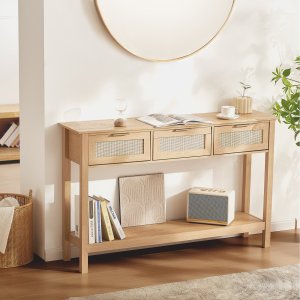 Rattan Console Table with 3 Storage Drawers, Rattan Entryway Table with Natural Rattan Sliding Door, Console Sofa Table for Living Room, Study, Entryway Or TV Wall, Natural
