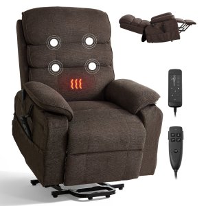 Power Lift Recliner Chair, Dual Motor, Medium Electric Lift Chair with Heat and Massage for Elderly, Infinite Position Adjustment, Chenille Fabric, Remote Control, with Storage Pockets, Brown