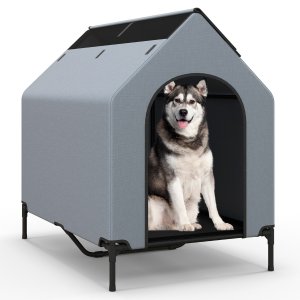 Kaks-ühes ilmastikukindel puidust koeramaja ja kõrgendatud hingava võrguga lemmiklooma voodi, 75 x 110 x 106 cm, hall