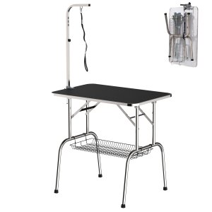 Koera trimmimislaud, kokkupandav lemmikloomade trimmimislaud kõrgusega reguleeritava käega, tropid, võrgust korv, lõikelaud kuni 150 kg, 90 x 60 x 75 cm, must