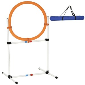 Agility hüpperõngas koertele, agilitykomplekt koertele, 2-ühes agilityrõngas hüpperõnga varda ja kandekotiga, plastik, 74,5 x 66 x 91 cm, valge ja oranž