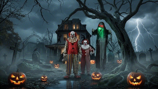 Halloweeni klounid, kummitus ja helendavad kõrvitsad õudse maja ees