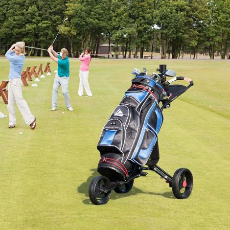 3-rattaline kokkupandav golfikäru, lihtne lükkamis- ja tõmbekäru, must