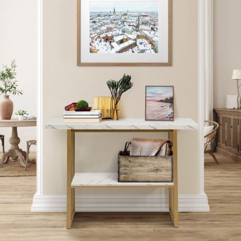 2-tasandiline marmoriviimistlusega konsoollaud 120 x 29,5 x 92,5 cm valge ja kuldne