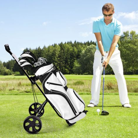 Kokkupandav terasest golfikäru skoorikaardi hoidjaga, 2-rattaline golfikäru, golfikoti lükandkäru, must