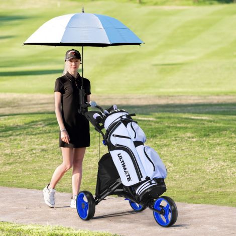 3-rattaline kokkupandav golfikäru tulemustetahvli, vihmavarju ja t-tee hoidikuga must + sinine