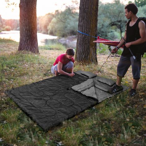 Goplus kahekohaline XL tekikujuline magamiskott kahele, 2 padjaga, must, 220 x 150 cm