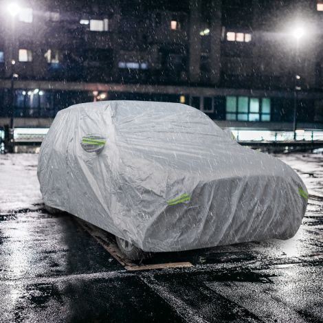 Ilmastikukindel sõidukikate, tõmblukse uksega autokate 492 × 191 × 154 cm hõbedane