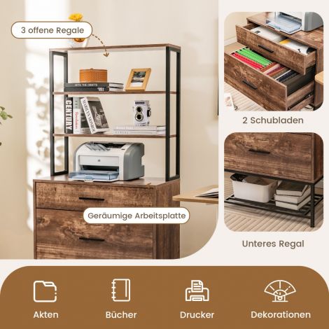 Laadimisjaamaga dokumendikapp, kontorikapp 3 avatud riiuli ja 2 sahtliga, rustikaalne pruun