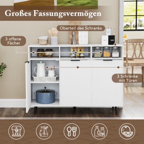 Sideboard, puidust köögikapp 5-astmeliselt reguleeritavate riiulitega, 120 x 40 x 90 cm, valge