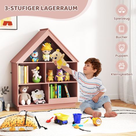 Laste majakujuline raamaturiiul, puidust, 5 sektsiooniga, 88 × 34 × 108 cm, roosa