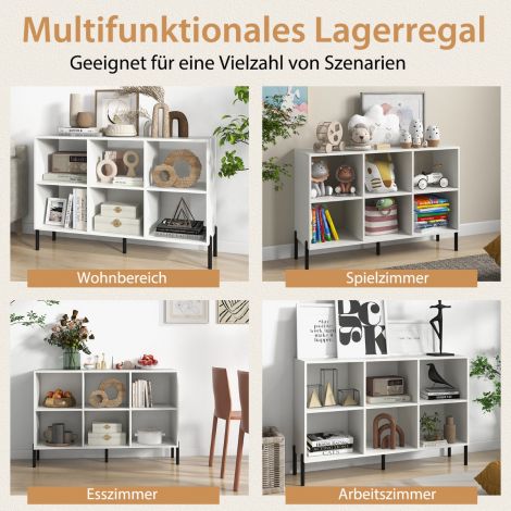 6 sektsiooniga raamaturiiul, metalljalgadel põrandariiul reguleeritavate riiulitega 120 × 35 × 79,5 cm valge