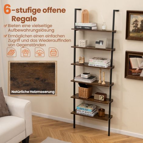 6-astmeline redeliga seinale kinnitatav raamaturiiul metallraamiga Rustic Brown