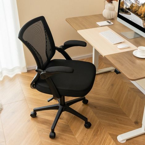 Ergonoomiline kontoritool kokkuklapitavate käetugedega, keskmise seljatoega kirjutuslauatool, 57 × 63 × 90–100 cm, must