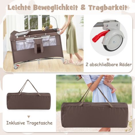 5 ühes kokkupandav lisavoodi reisivoodi madratsiga 2-tasandiline beebivoodi ratastega pruun