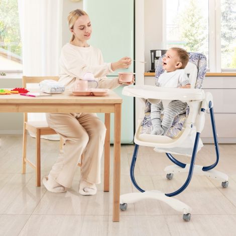 Kokkuvolditav ratastega söögitool, reguleeritava kõrguse, jalatoe ja seljatoega beebitool tumesinine