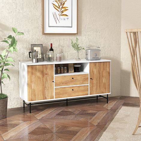 Modernne buffet-sideboard kohvibaar mid-century stiilis liugustega, 150 x 45 x 74 cm, valge + tamm