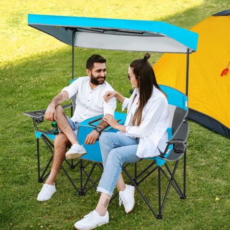 Kahekohaline campingtool päikesevarjuga, minilauaga, kokkupandav kalastustool kandekotiga 166 x 71 x 151 cm sinine