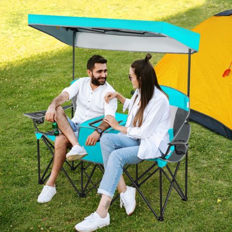 2-kohaline päikesevarjuga matktool minilauaga, kokkupandav kalastustool kandekotiga, 166 × 71 × 151 cm, türkiissinine