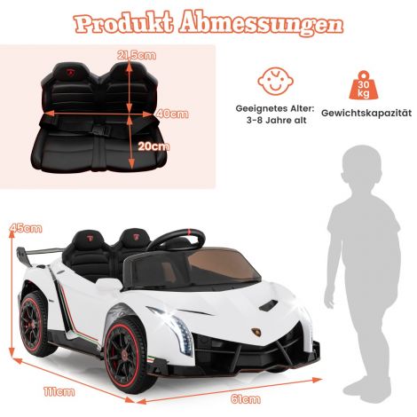 Laste Lamborghini elektriauto kaugjuhtimispuldi, LED-esitulede, signaali ja muusikaga, valge